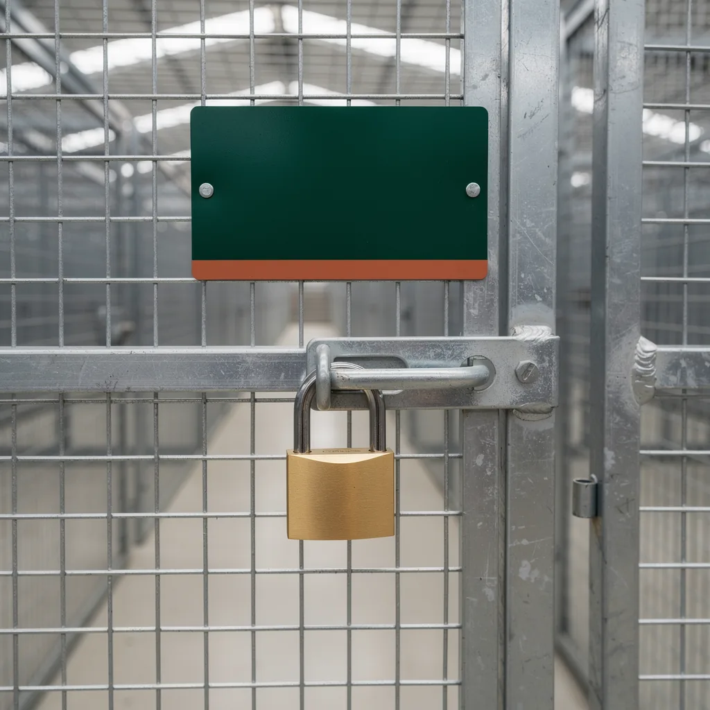 Cadeado de latão fechado no ferrolho da porta de tela de um box, com a plaqueta verde B-07, Quarto, 6 m², logo acima